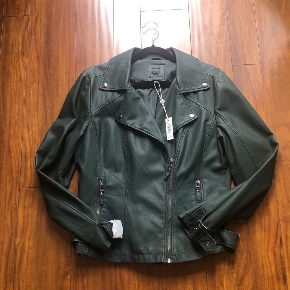 Faux leather jacket with brushed silver colored accents.